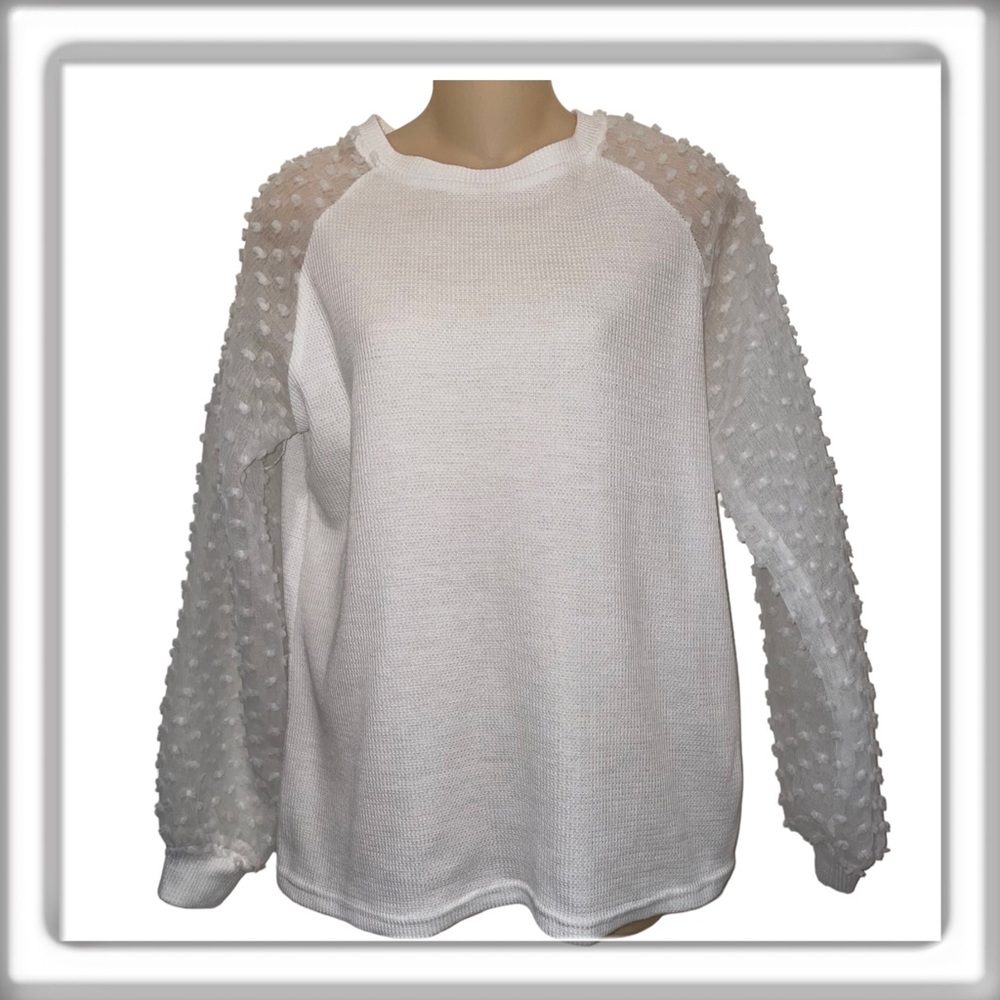 MIHOLL Textured Top Sweater White Long Semi-sheer Sleeve Pullover Size Small